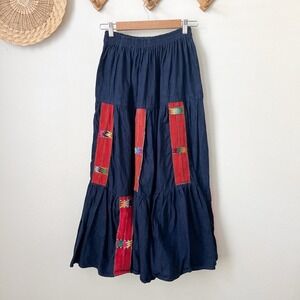 Vtg Aria denim a line skirt colorful southwestern patch modest elastic waist 24"